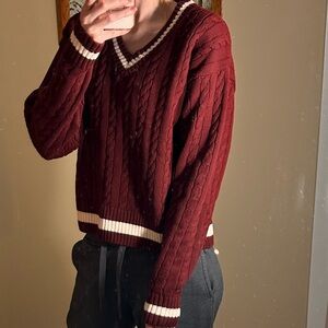 Burgundy Cable Knit Sweater with White Trim
